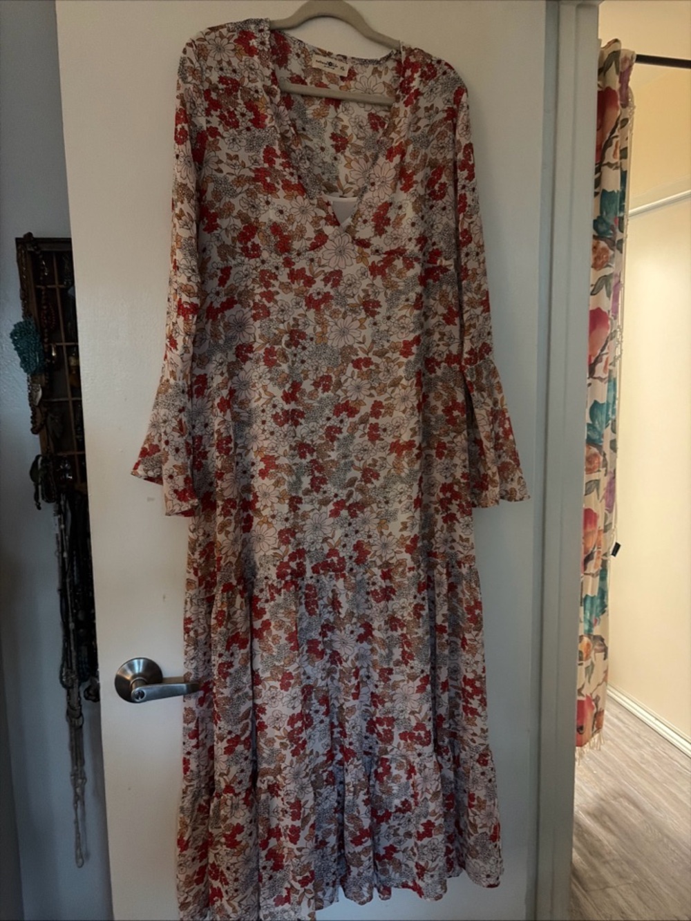 NATURAL LIFE Cream Maxi Dress with Floral Print bell sleeve XL